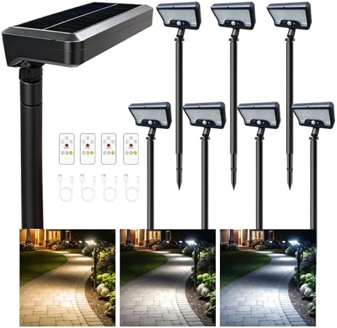 Solar Motion Sensor Lights Outdoor Pathway, Warm & Daylight 3000k/5000k/7000k Path Light IP65 Waterproof, 3 Modes Black Walkway Lighting with Remote Control for Driveway Garden (8 Pack) by Varmtalys