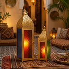 TRIROCKS 2-Pack Moroccan Candle Lanterns 23'' H Metal Vintage Candle Holder with Embossed Colored Tempered Glass Ramadan Lantern for Living Room Garden Yard Patio Parties Events (Gold) - Image 6