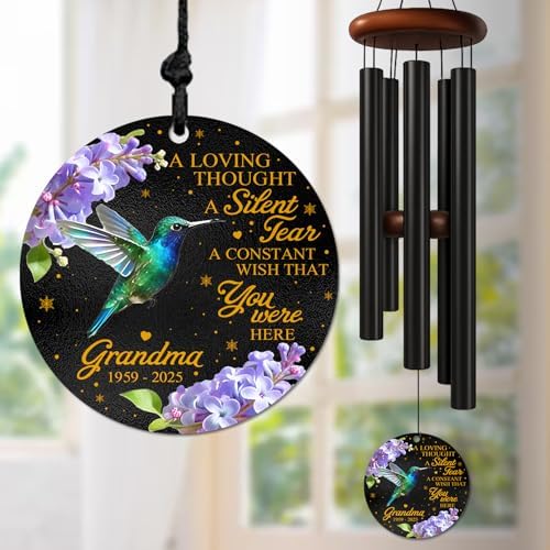 Personalized Hummingbird Remembrance Wind Chime for Grandma – Custom Name & Life Years Keepsake – “A Loving Thought, A Silent Tear” Comfort Gift for Family – Garden Tribute for Grandmother’s Memory by AlpadilCo