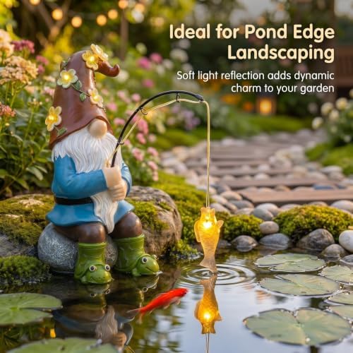 Solar Garden Gnome Statue Outdoor Decor, Resin Outdoor Statues Solar Powered Fishing Gnome Figurine for Koi Fish Pond Decor, Pond Accessories for Yard, Patio, Lawn Garden, Garden Statues Fishing Decor - Image 2
