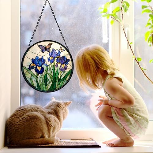 Purple Iris and Butterfly Stained Glass Window Hanging Suncatcher Gift 12" - Image 3