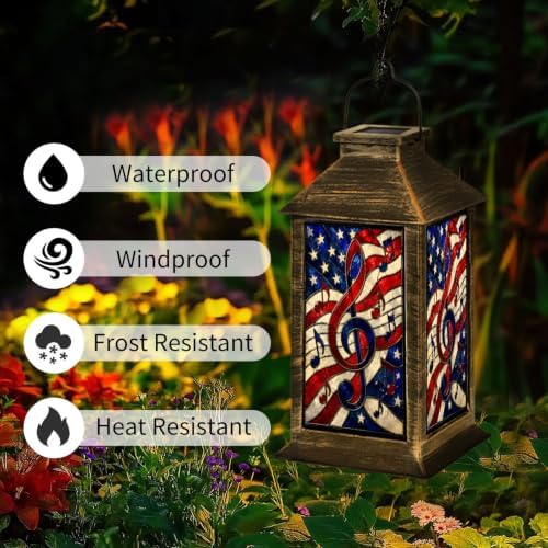 Solar Lantern Patriotic Stained Glass Design Outdoor Waterproof Garden Hanging Lantern Solar Powered Lighting Outside Solar Light for Patio Yard Camping, Gifts for Women Mom - Image 3