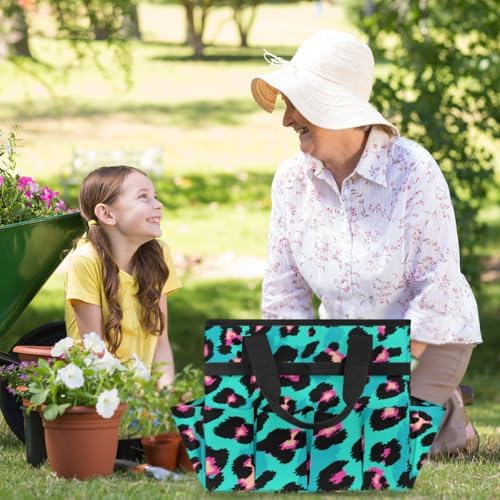 Leopard Pink Garden Tool Bag Tote for Men Women Multiple Pockets Wide Mouth Heavy Duty Waterproof Tool Organizer Bag for Outdoor Lawn Yard Portable Gardening Storage With Elasticbands - Image 5