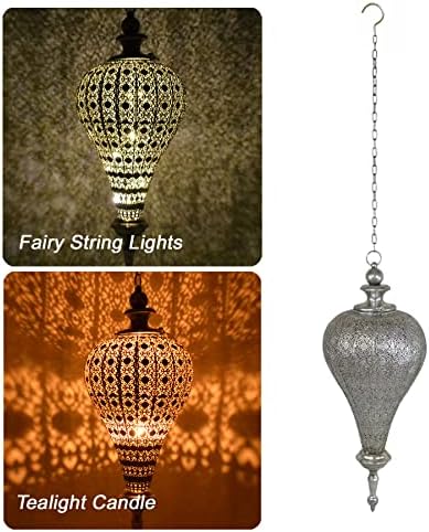 Westcharm Extra Large 27”H Antique Silver Oriental Moroccan Ramadan Lantern Metal Hanging Pendant Light Candle Lantern Lamp Indoor Outdoor Decorative Décor - 42" H with Chain - Image 4