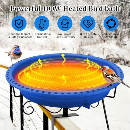 Heated Bird Bath for Outdoors Deck Railing, 100W Heated Birdbath, Blue - Image 3