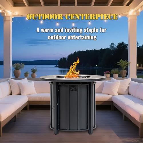 30'' Concrete Round Gas Fire Pit, 50,000 BTU Steel Outdoor Fire Tables, Fire Table with Lid, Add Warmth & Ambience to Gatherings and Parties On Patio Deck Garden Backyard，White Glass Stone. - Image 7