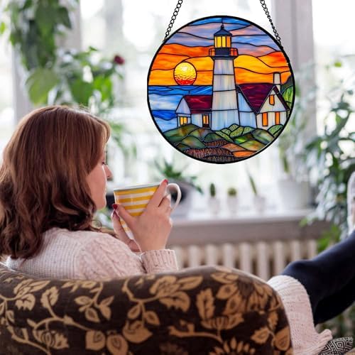 Stained Glass Window Hanging - Sea Lighthouse Suncatcher for Door Terrace Garden Home Decor Sunset Beach Scenery Sun Catcher Birthday Gifts for Lovers Women Men Dad Mom Nana 9.8 in - Image 2