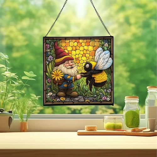 Bee Friend Gnome Stained Glass Suncatcher – Square Hanging Window Panel for Home or Greenhouse – Whimsical Glass Art Gift for Garden Lovers, Christmas, Halloween, Father Days NXogQg - Image 2