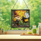 Bee Friend Gnome Stained Glass Suncatcher – Square Hanging Window Panel for Home or Greenhouse – Whimsical Glass Art Gift for Garden Lovers, Christmas, Halloween, Father Days NXogQg - Image 2