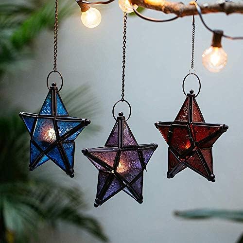 Romadedi 2-Pack Orange & Red Glass Hanging Star Lanterns for Tea Light - Image 7