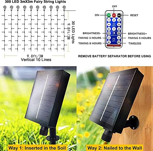 2 Pack Solar Curtain Lights Outdoor Garden Fairy String Lights 300 LED 8 Modes Remote Control Waterproof Solar Waterfall Lights for Gazebo Patio Party Festival Wedding Christmas Decorations(Warm) - Image 3