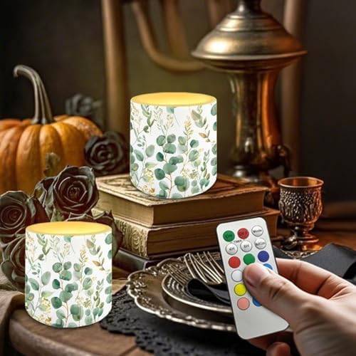 Flameless Candles Set of 4 Green Leaves LED Pillar Fake Candles Battery Operated with Remote (D:2.95" X H:2.87") for Backyard Parties Meditation Yoga Fireplace Decor - Image 2