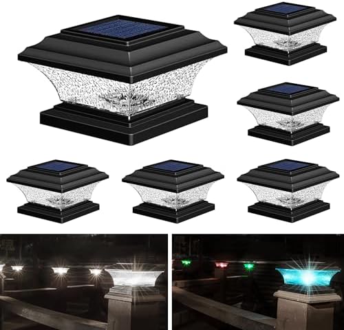 HUYIENO Solar Post Cap Lights Outdoor LED Lighting Deck Fence Cap Light 9 Light Modes Bright White/7 Color Fixed Modes/7 Color Cycling Mode Suitable for 4x4 5x5 Wooden Posts Black 6pk by HUYIENO