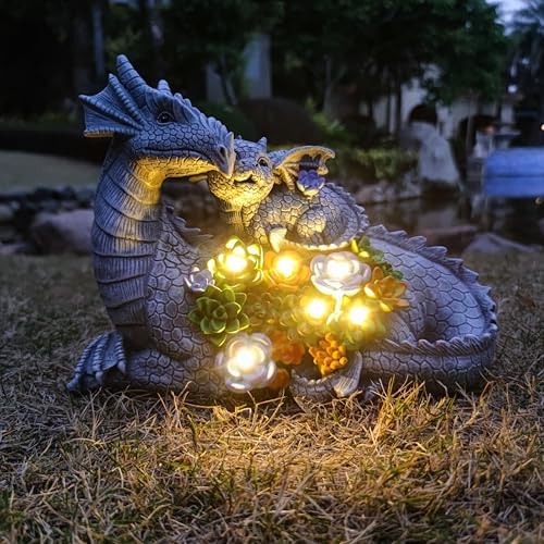 Dragon Solar Garden Statues Outdoor Decoration with Succulent and 6 LED Lights,Dragon Figurine Solar Lights Lawn Décor,Outside Statue Ornament for Patio, Balcony, Yard,Unique Gift for Mom by Yardancer