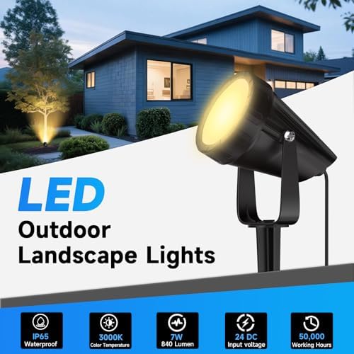 Outdoor Landscape Lighting Low Voltage, 49.2FT Wired LED Spot Light with Plug-in Transformer, IP65 Waterproof Outside Uplight 7W 840LM for Yard Garden Tree Pathway House, Warm Yellow 3000K, Pack of 6 - Image 4