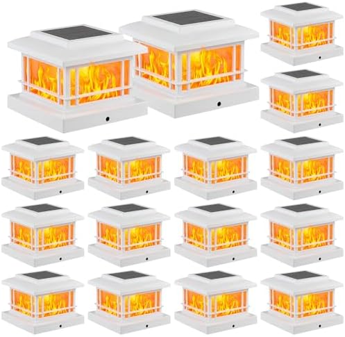 JOFIOS Flickering Flame Solar Post Cap Lights Outdoor, White Post Lights with 3 Color Temperature, Fits 3.5" 4" 4.5" 5" Wood/Vinyl Posts, IP64 Waterproof Fence Deck Lights for Garden Patio Yard 16Pack by JOFIOS