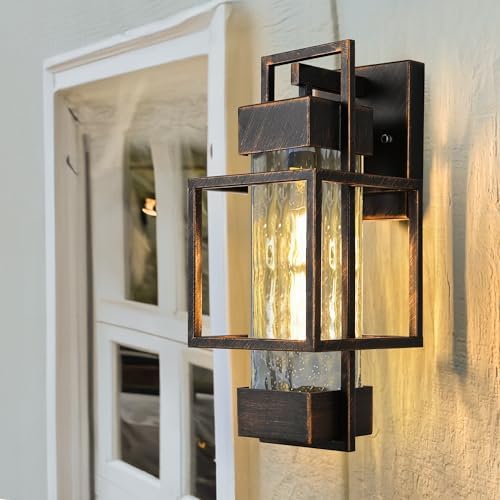 PARTPHONER Modern Outdoor Light Fixture Dusk to Dawn Outdoor Lighting, 15" H Exterior Wall Sconce Waterproof Porch Light, Outside Light for House with Water Glass for Garage Doorway Black Brushed Gold - Image 2