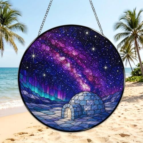 Igloo Under Starry Galaxy Stained Glass Suncatcher 9.8" Colorful Window Hanging Ornament, Retro Sun Catcher Decor with Chain for Home Wall Garden Birthday Christmas Mothers Day - Image 3