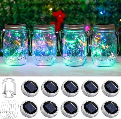 SmilingTown Solar Light for Mason Jars 20 LED Outdoor Fairy String Light Lids with Hangers for Jar Lantern Waterproof Rust Resist for Patio Lawn Garden Decor No Jars 10 Pack (Multicolored) by SmilingTown