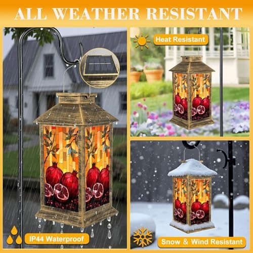 Solar Lantern Outdoor Garden Hanging Lantern Stained Glass Artwork Pomegranates Vibrant Orange Mosaic Waterproof Solar Powered Lighting Outside Table Lamp for Patio Deck Yard Camping - Image 3