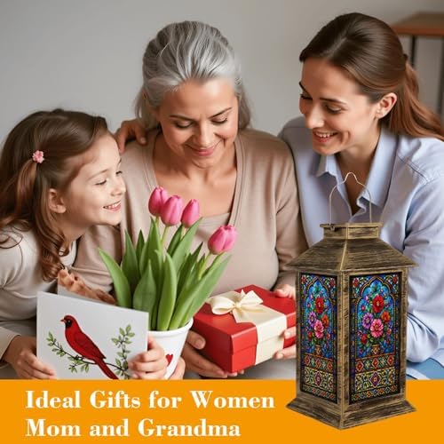 Solar Lantern Outdoor Waterproof Stained Glass Garden Decor LED Hanging Solar Lights Tabletop Lamp Gifts for Women Mom Outside Yard Patio Porch - Image 4