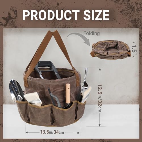 Waxed Canvas Garden Organizer Bag - Waterproof Bucket Tool Bag Portable with Side Pockets, Portable Gardening Tote for Lawn/Yard | Grey - Image 2