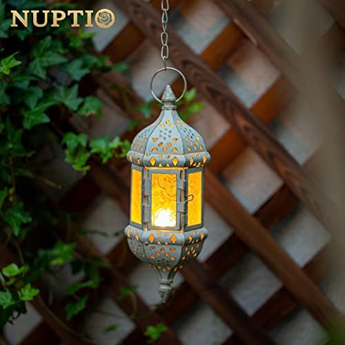 2 Pcs Moroccan Lantern Metalwork Hanging Tealight Candle Holder Metal Glass Indoor Outdoor Battery Operated LED Flameless with 35cm Chain, White - Image 3