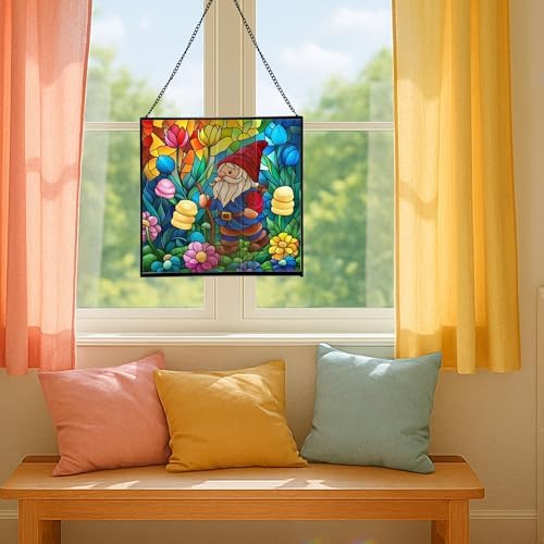 Gnome in Marshmallow Garden Stained Glass Suncatcher – Square Hanging Window Panel for Home or Greenhouse – Whimsical Glass Art Gift for Garden Lovers, Christmas, Halloween, Father Days kCb0rI - Image 5