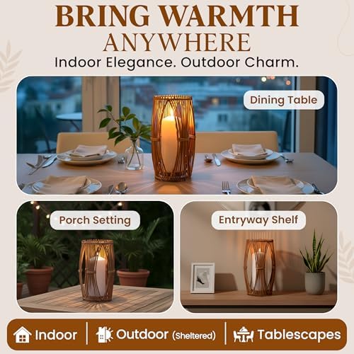 Handmade Boho Rattan Lantern – Rattan Lantern with Metal Frame for Indoor and Outdoor Home Decor, Decorative Centerpiece for Patio, Garden, Front Porch, and Kitchen Dining Table, 5 x 5 x 10 - Image 4