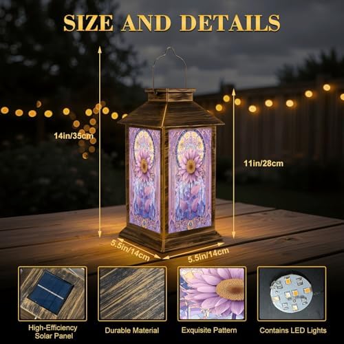 Stained Glass Style Solar Lantern Outdoor Garden Hanging Lantern Stunning Sunflower Stained Glass Art Pastel Mosaic Border Waterproof Solar Powered Lighting Outside Table Lamp for Patio Deck Yard - Image 2