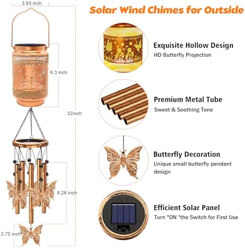 Butterfly Solar Wind Chimes for Outside, Gifts for Mom Women Grandma Birthday Memorial Teacher, 32" Windchimes Outdoor Decor Hanging Solar Lantern for Garden Porch Patio Backyard - Image 2