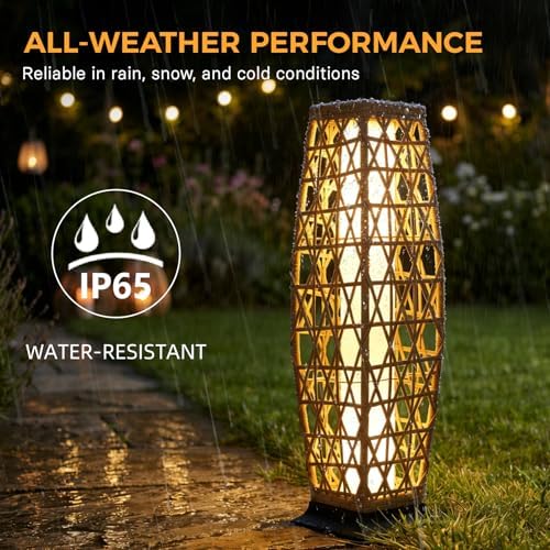 Solar Yard 2-Piece Outdoor Floor Lamp Solar Lantern, Water-Resistant Wicker Boho Patio Light with 50&100 Lumens Dual Brightness for Garden Porch Deck Decor, Large Cindy Natural - Image 4