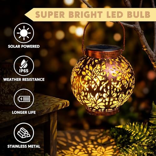 JOIEDOMI 2 Pack Outdoor Solar Hanging Lantern Lights, Waterproof Tabletop with Handle, LED Moroccan Lanterns, Metal Decorative Garden Solar Lights Spring for Patio, Lawn, Porch, Backyard - Image 2
