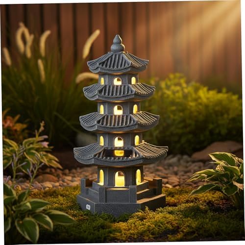 Pagoda Garden Statue Solar Powered Pagoda Lantern Resin Outdoor Zen Japanese Garden Decor for Balcony, Patio, Porch, Yard 11.4x4.7x4.7 inch Grey - Image 4