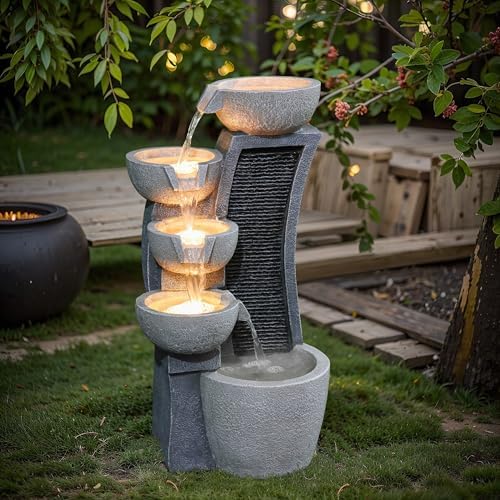 LuxenHome 26" Modern Cascading Water Fountain Outdoor with LED Lights by LuxenHome
