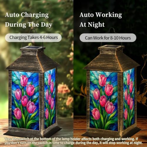 Solar Lantern Colorful Stained Glass Window Outdoor Waterproof Garden Hanging Lantern Solar Powered Lighting Outside Solar Light for Patio Yard Camping, Gifts for Women Mom - Image 4