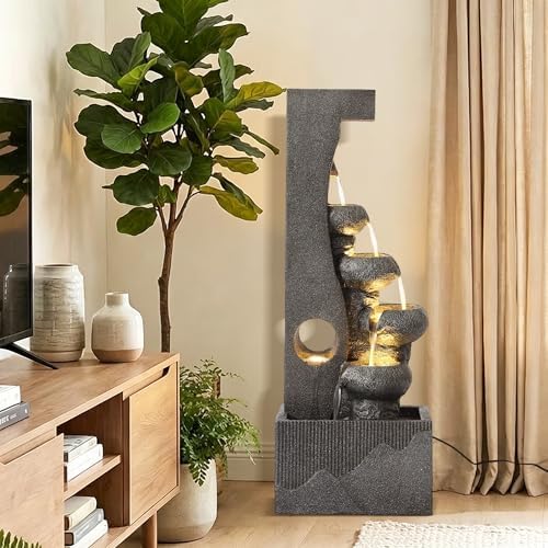 Grepatio Outdoor 6-Tiers Water Fountain, Cascading Water Fountain with 5 LED Lights, 39"H Large Waterfall Fountains, Outside Modern Water Feature for Garden, Yard, Deck Decor Like Natural Stone, Grey - Image 6