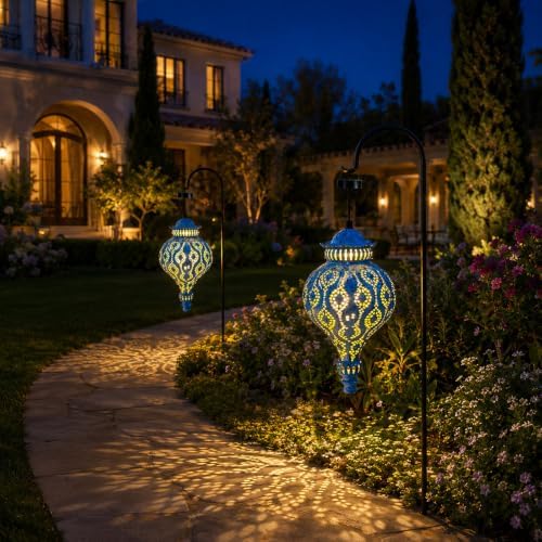 Moroccan Solar Lanterns Outdoor Hanging Garden Decor (2 Pack, Blue) - Image 3