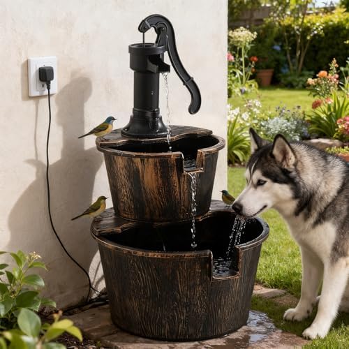 2-Tier Barrel Waterfall Fountain,27-Inch Plastic Outdoor Water Feature with Pump for Garden,Patio and Backyard - Image 5