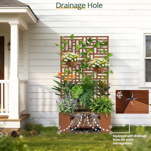 VINGLI 71"H Metal Raised Garden Bed with Trellis, Outdoor Planter Box for Climbing Vegetables, Fruits and Flowers, Privacy Screen, for Backyard, Patio, Balcony (Brown) - Image 3