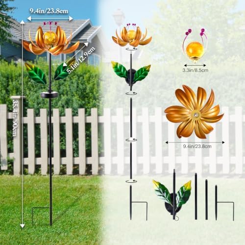 Garden Decor for Outside Solar Wind Spinners for Yard-Metal Lotus Flower Windmills LED Crackle Glass Globe Outdoor Garden Decor Yard Art Lawn Ornament - Image 3