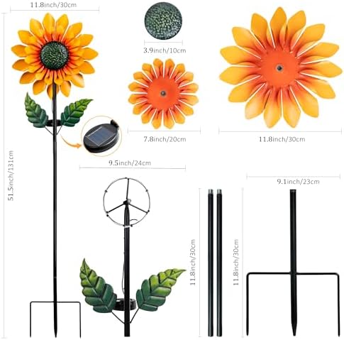Sunflower Solar Wind Spinner, 52" Metal Wind Spinner with Kinetic Wind Sculpture Windmills for Outdoor Lawn & Garden Patio Decoration - Image 3