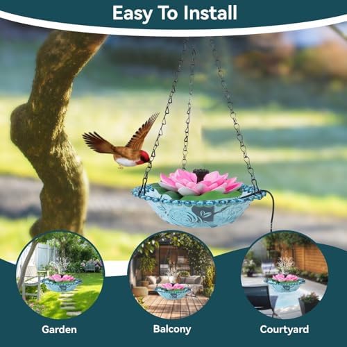 Hanging Bird Bath with Solar Fountain, Multi Functional Lotus Bird Bath Bubbler Birdbath Water Fountain Pump for Hummingbird Feeder Drinking - Image 6