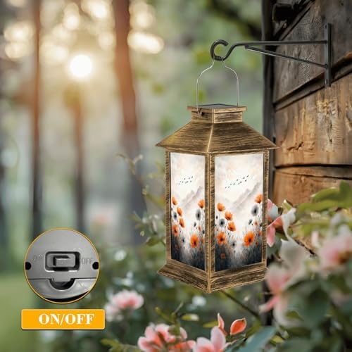 Solar Lantern Outdoor Waterproof Flowers Landscape Farmhouse Paintings Aesthetic Orange Grey Birds Garden Decor LED Solar Lights Hanging/Tabletop Lamp Gifts for Women Mom for Outside Yard Patio - Image 5