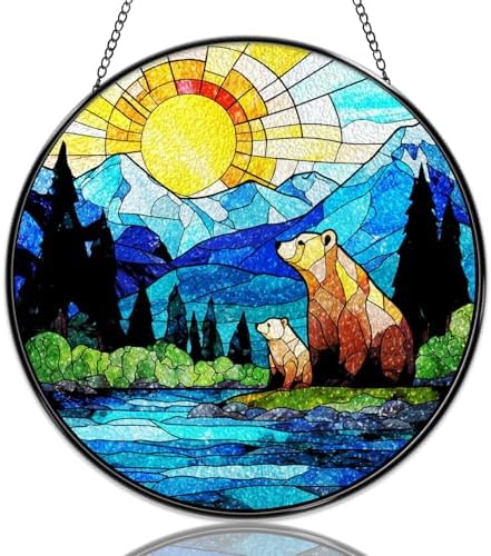 Stained Glass Window Hanging Mountain Bear Family Nature Landscape Sun Catchers Wildlife Forest Scenery Suncatchers Decorative for Home Garden Outdoor & Indoor Colorful Gift 9.8 Inch by Unknown