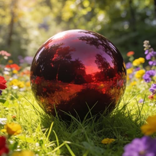 Lily's Home 10" Diameter Stainless Steel Gazing Globe Mirror Ball, Colorful and Shiny Addition to Any Garden or Home, Ideal As a Housewarming Gift, Sparking Red - Image 2