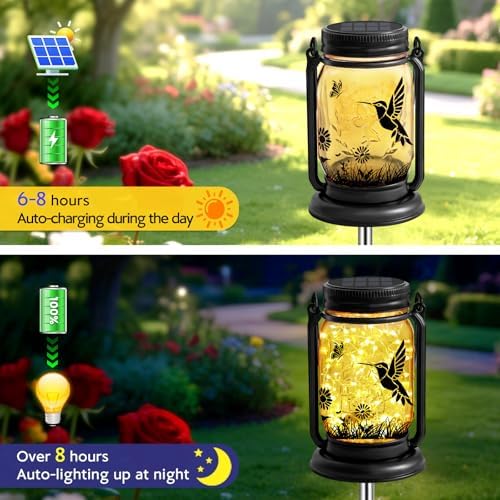 Hummingbird Solar Lanterns 3-in-1 Outdoor Waterproof - Birthday Gifts for Women Mom Christmas, Mason Jar Hanging Lanterns with Stake, Garden Decor Lights for Patio Yard Balcony Decorations, 2 Pack - Image 4