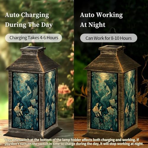 Solar Lantern Magical Mermaid Stained Glass Glowing Fish Soft Backlighting Garden Hanging Lantern Waterproof Solar Powered Lighting Outdoor Table Lamp for Deck Yard Camping Patio Nautical Decor - Image 4