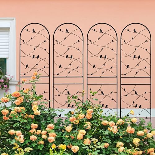 4 Pack Metal Garden Trellis 71" Tall Outdoor Climbing Plant Support for Roses, Flowers, Rustproof Durable Black Galvanized Tube, Lawn Garden Fence Decor Screen (4, Black birds-71 H) by Sybrioka