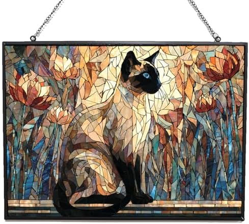 Customized Rectangle Mosaic Siamese Cat On Windowsill Stained Glass Window Hanging Sun Catcher Halloween Haning Ornament Decoration Christmas Birthday Gifts for Lover, Friends by HYPESTYLE